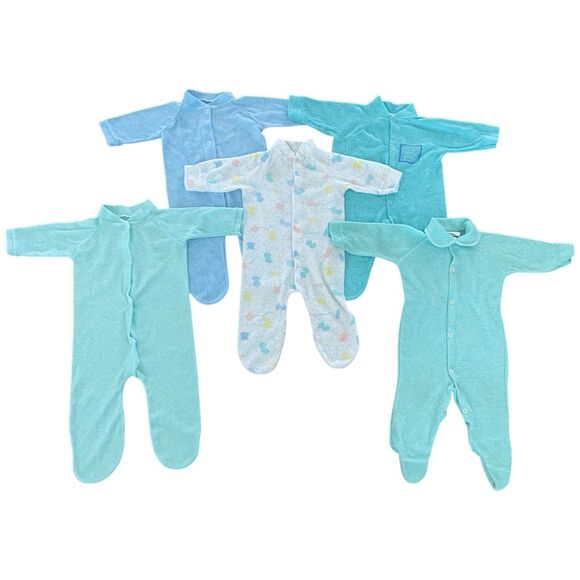 Dreamland Other - Vintage 80s Lot Of 5 Blue White Gender Neutral Baby Terry Cloth Sleeper Snap